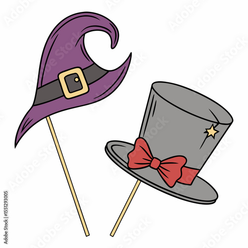 Whimsical hat props against white backdrop conveying playful festivity