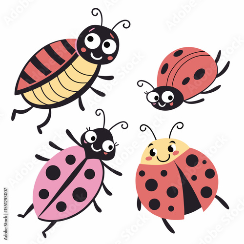 Cheerful cartoon ladybugs in playful poses radiate positivity and innocent fun