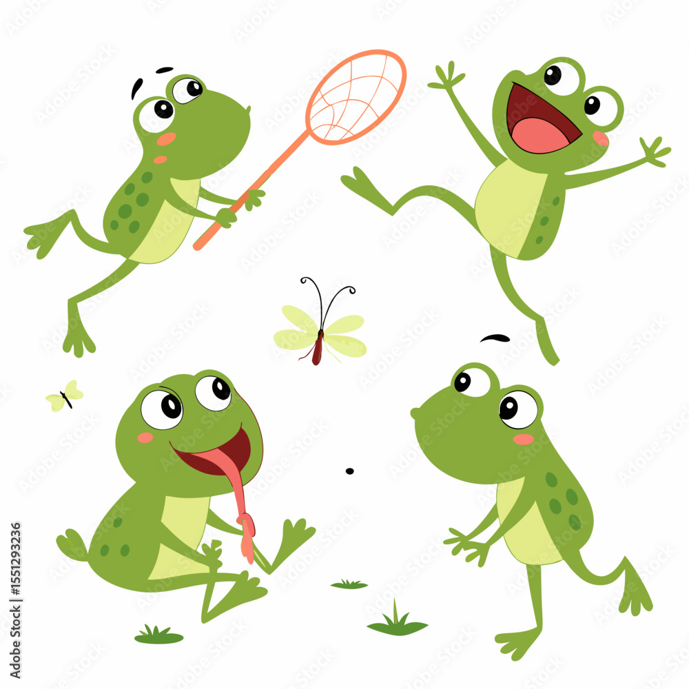 Fototapeta premium Whimsical frog quartet enjoying nature with joyous animation and cheerful expressions