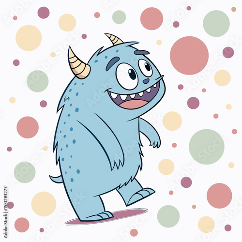 Whimsical blue monster illustration with playful polka dot background design