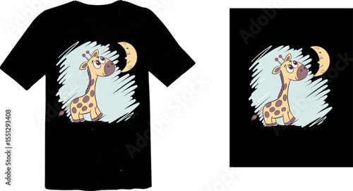 Adorable Cartoon Baby Giraffe Looking at Moon - Night Sky T-Shirt Design