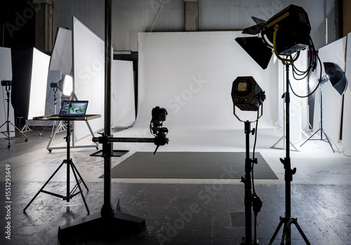 Interior of a photography studio, with lights and white backdrop