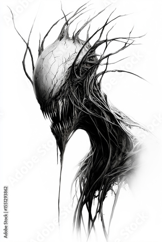 A terrifying black and white monster with a cracked skull and sharp teeth in a sketchy artistic style.