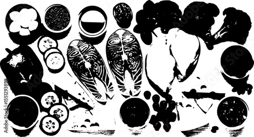 Keto diet concept. Healthy low carbs products. Ketogenic diet food. Vegetables, fish, meat, nuts, seeds, berries, cheese on a white background, top view