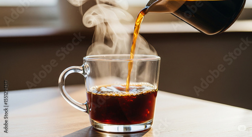 Coffee being poured into a glass mug with steam