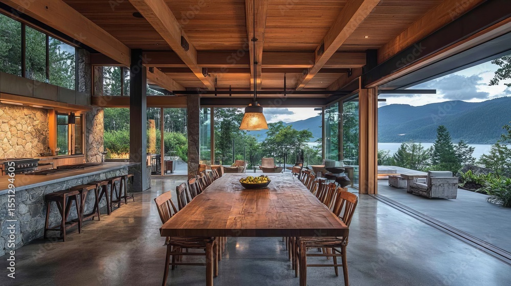 Fototapeta premium Rustic, modern, open-plan dining area with stunning lake views. Large wooden table, exposed beams, and expansive glass walls connect indoors to outdoors