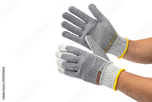 A pair of hands wearing gray cut resistant gloves with yellow trim in a neutral position