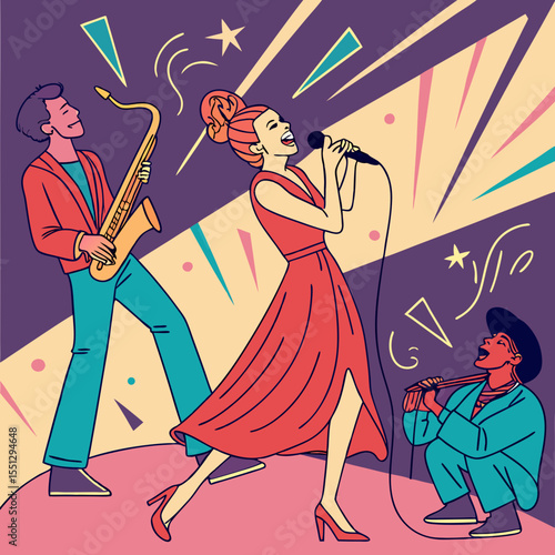 Dynamic musical performance featuring vocalist, saxophonist, and flutist in vibrant colors