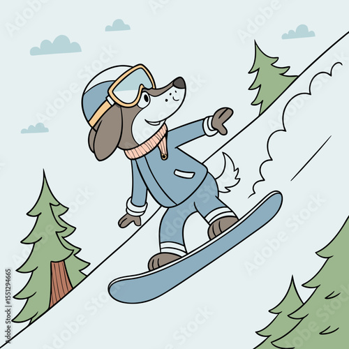 Animated canine adventurer shredding slopes on a snowboard amidst wintry conifers
