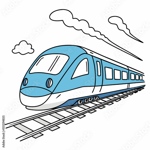 Whimsical high-speed train illustration gliding along railway tracks with clouds