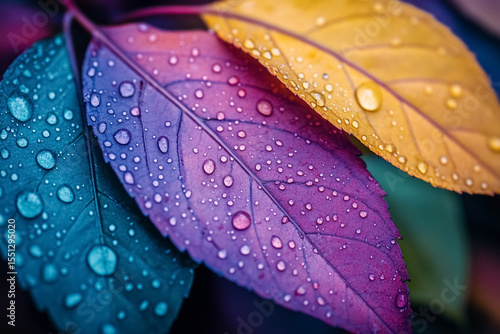 Close-up of three colorful leaves with water droplets, symbolizing the beauty and vitality of nature's palette.