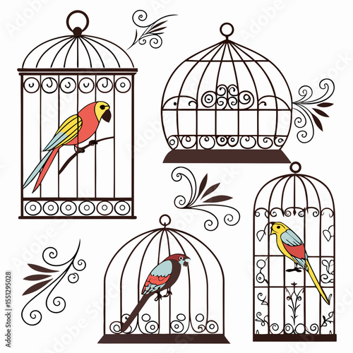 Elegant illustration of bird cages with colorful birds inside, artistic style
