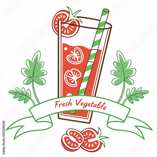 Vibrant tomato juice illustration with fresh vegetables for healthy lifestyle