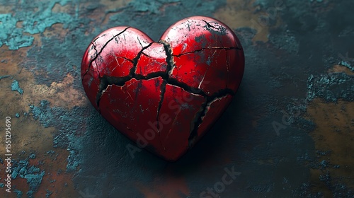 Cracked red metallic heart placed on dark grungy background expressing heartbreak sorrow and surreal digital emotion