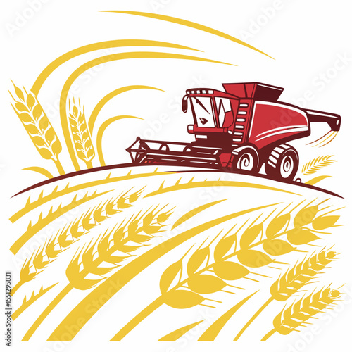 Stylized Illustration of a Combine Harvester in a Wheat Field at Harvest Time
