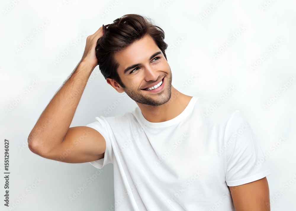 Attractive young man touching hair smiles confidently while posing in a casual white t-shirt against plain light background. Modern lifestyle concept. Attractive young man touching hair smiles confidently while posing in a casual white t-shirt against plain light background. Modern lifestyle concept.