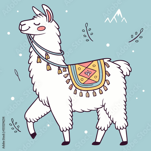 Whimsical Llama Adventure: Cute Cartoon Alpaca in a Pastel Mountain Setting