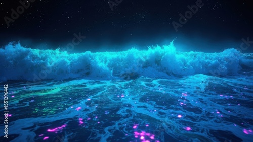 Glowing blue waves roll across the dark ocean under a starry night sky. The bioluminescent effect creates a surreal, mesmerizing glow, contrasting beautifully with the deep black water and sky.