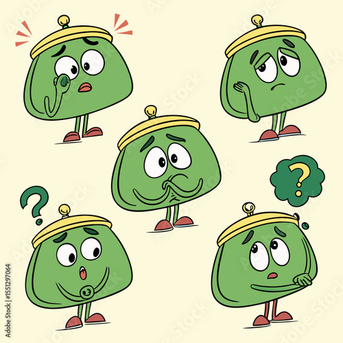 Green wallet character set expressing diverse feelings and financial thoughts