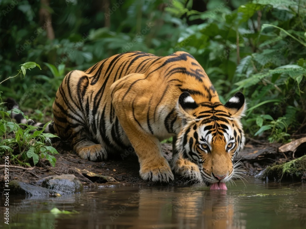 Obraz premium A majestic tiger drinking water from a stream in a lush forest setting.