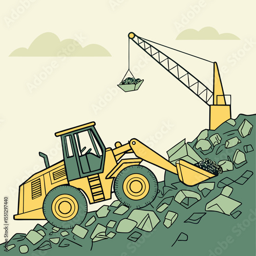 Whimsical construction scene featuring a loader and crane engaged in excavation work