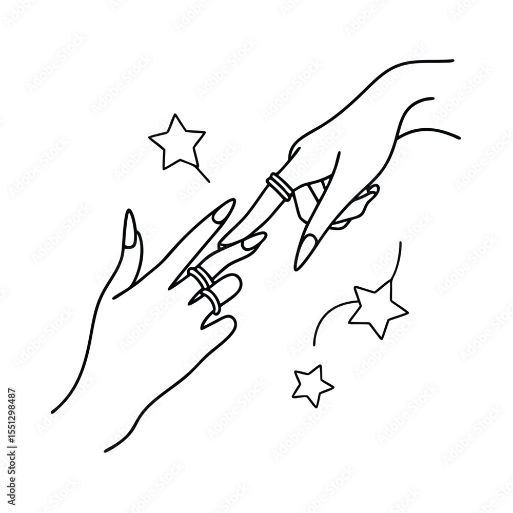 Obraz premium Two Hands Reaching Rings and Stars Line Art black and white