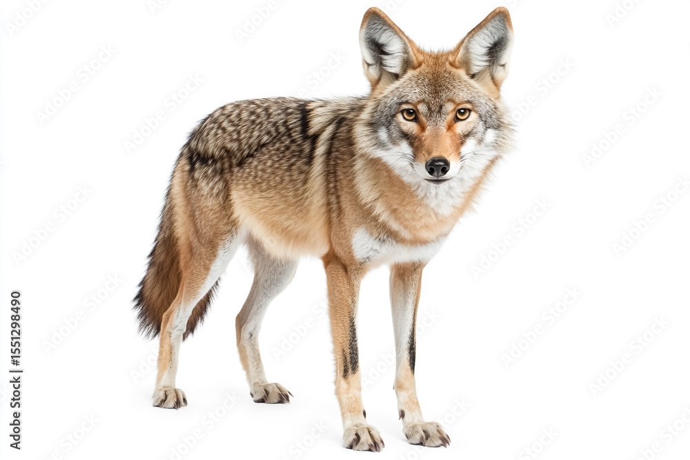 Fototapeta premium Full-body image of a wild coyote standing alert on clean isolated white background