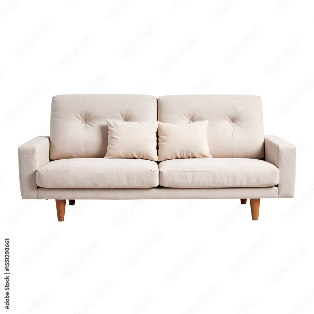Fototapeta premium Modern beige sofa with cushions on white background, concept of furniture, isolate on transparent background 