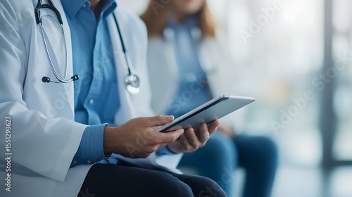 Doctor showing patient info on tablet no faces visible concept of medical tech consultation care trust