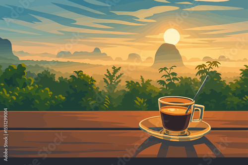 The image shows a serene morning scene featuring a cup of coffee on a wooden table, set against a stunning sunrise over a mountainous forest landscape. The sun is rising behind a prominent peak, casti