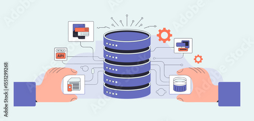 developer's hands interacting with database server stack and data icons, vector illustration for back-end development, database management and server architecture administration