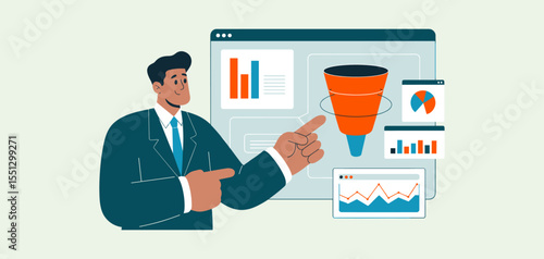 marketing manager pointing to sales funnel and analytics dashboard, vector illustration for b2b marketing analytics, campaign performance review and lead conversion optimization
