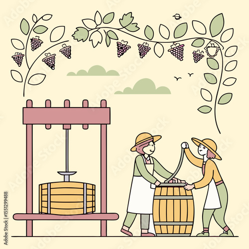 Vintage winemaking process showcased with traditional press and cooperative labor