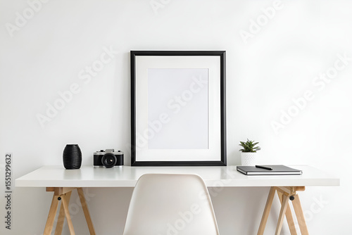 Modern interior design of a luxury home office room with contemporary furniture, a clean wooden desk, and stylish