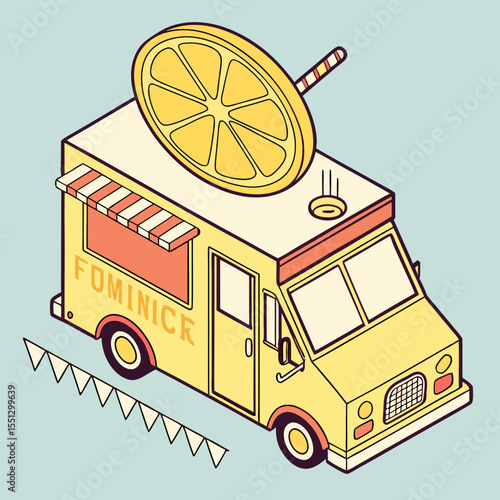 Isometric food truck illustration with citrus fruit accent and cheerful design