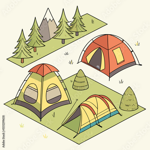 Isometric camping scene with tents, trees, and mountain in a whimsical style