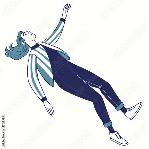 Contemplative woman falling with an outstretched arm, capturing weightlessness