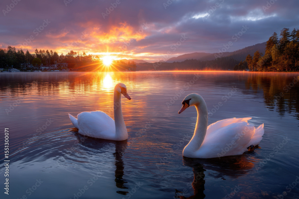 Fototapeta premium Swans glide gracefully across a tranquil lake at sunset near serene mountains