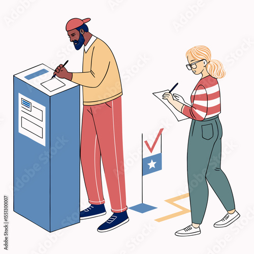 Diverse citizens actively participating in democratic voting process illustration