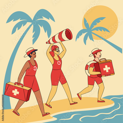 Lifeguard squad on the beach providing essential assistance and safety patrol