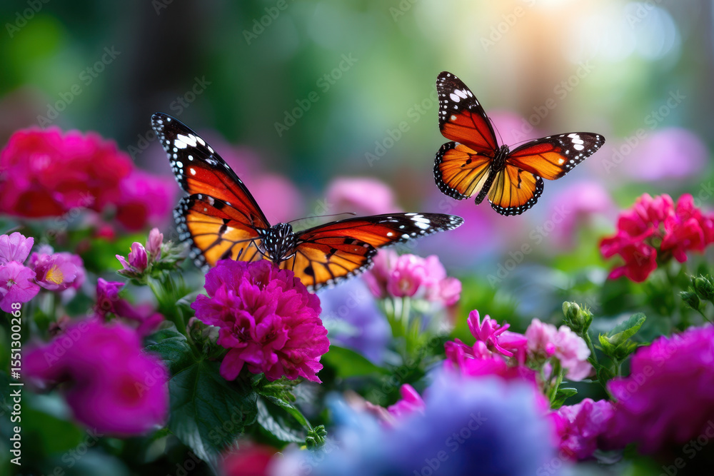 Fototapeta premium Colorful butterflies flutter among vibrant flowers in a sunny garden setting