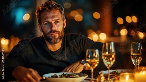 A handsome man gazes thoughtfully while dining alone at a candlelit table, surrounded by warm lighting that creates a reflective and intimate atmosphere.