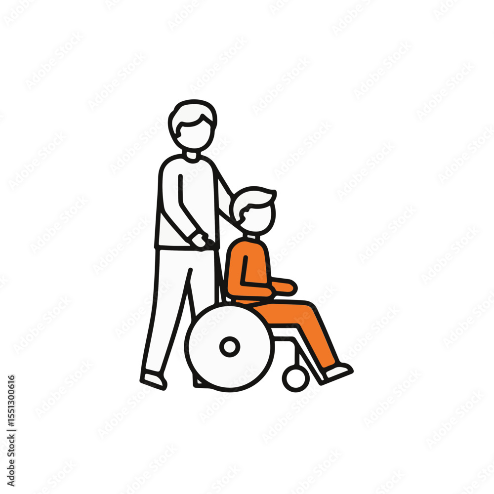 A man assisting a person in a wheelchair. A man assisting a person in a wheelchair.