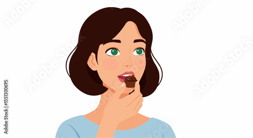 A woman savoring a piece of chocolate.