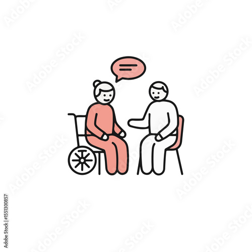 Two individuals are in a comforting conversation: One is seated in a wheelchair, and the other is offering support. 