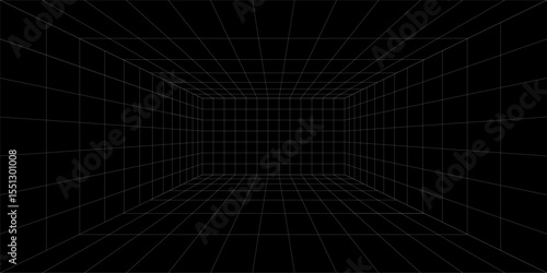 Futuristic perspective grid box. Abstract wireframe with white grid line on black background. Virtual reality landscape in 80s 90s digital style. Vector