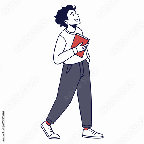 A young man with curly hair walking forward while holding a red book