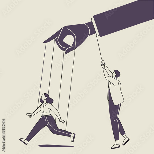 Stylized illustration depicting manipulation through puppet strings and influence