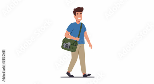 Happy traveler walking with camera bag