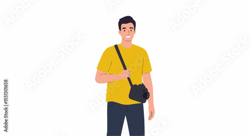 A man with a camera around his neck, poised to capture life's fleeting moments.